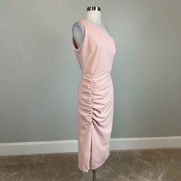 Betsy & Adam One Shoulder Cocktail Dress Pink Size 8 Cut Out Midi Sheath - Picture 3 of 13
